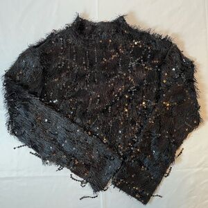H&M Black Sequin Fringe Mock Neck Top | Party Night Out